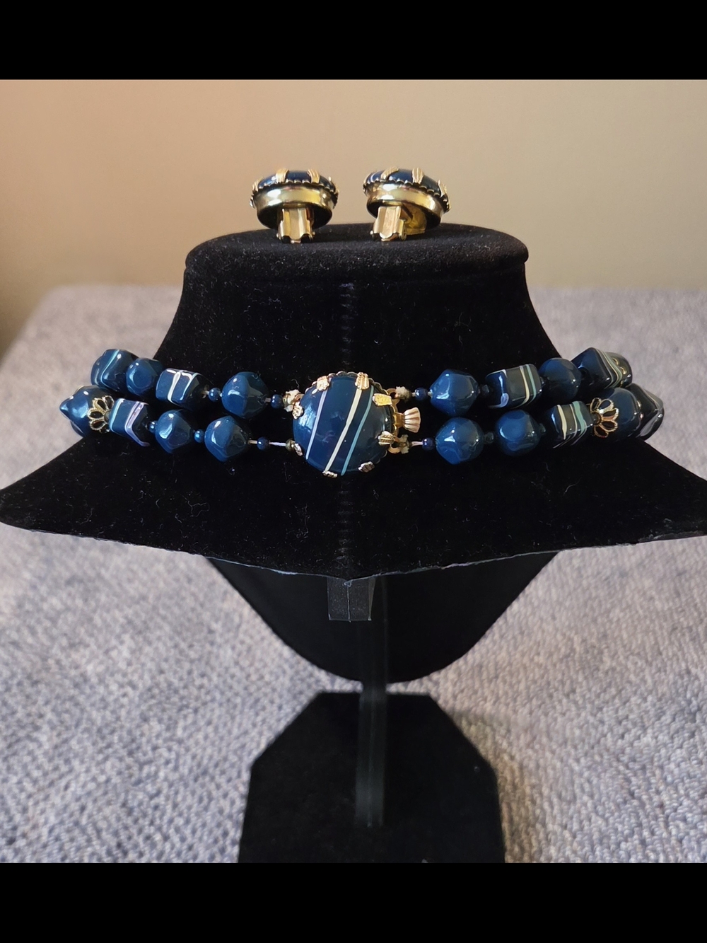 VTG 1950s Mid Century Teal Blue Striped Bead Double Strand Necklace Earring Set - Picture 3 of 7